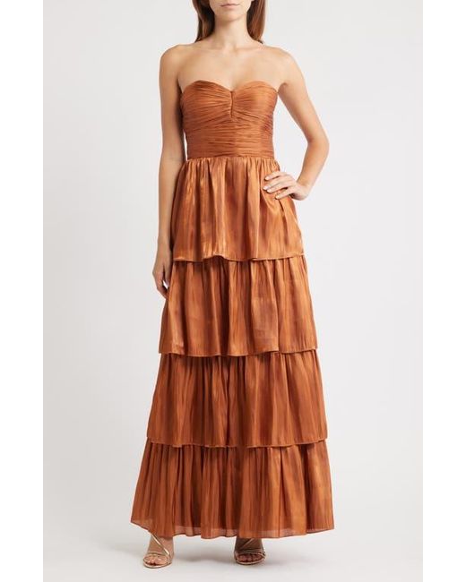 Lulus Bella Strapless Tiered Gown in Brown | Lyst
