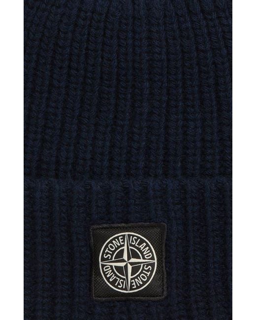 Stone Island Blue Logo Patch Virgin Wool Rib Beanie for men