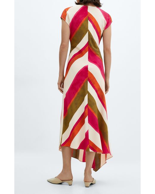 Mango Red Cherry Stripe Asymmetric Hem Midi Dress