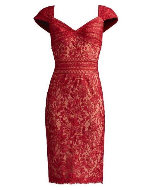 Tadashi Shoji Lace Cap Sleeve Cocktail Dress in Red | Lyst