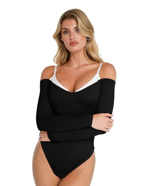 Popilush Black Shapewear Long Sleeve Cold Shoulder Tummy Control Bodysuit