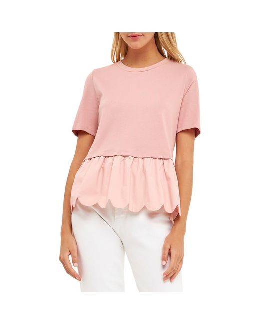 English Factory Multicolor Mixed Media Scallop Peplum Cotton Top