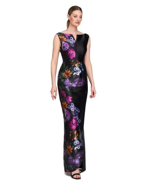 Kay Unger Blue Helene Placed Floral Print Column Gown