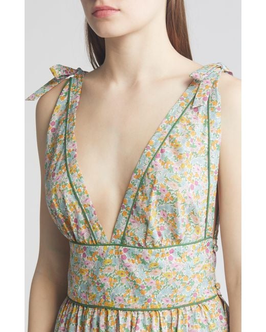 Loretta Caponi Natural X Liberty London Smeralda Floral Print Tie Shoulder Dress