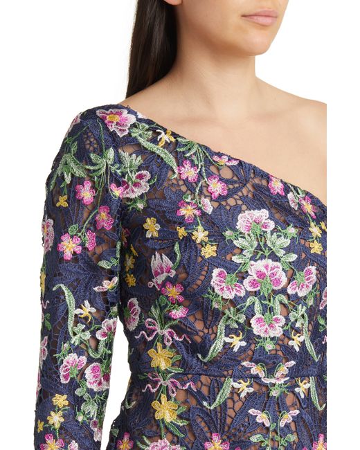 Marchesa Black Floral Embroidered Long Sleeve One-shoulder Dress
