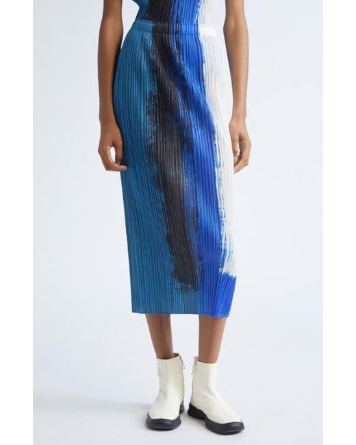 Pleats Please Issey Miyake Blue Jump Print Pleated Skirt
