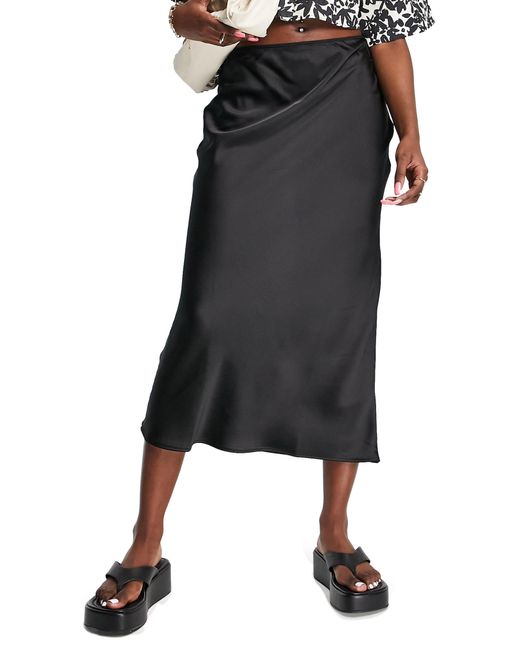 TOPSHOP Black Bias Cut Satin Midi Skirt