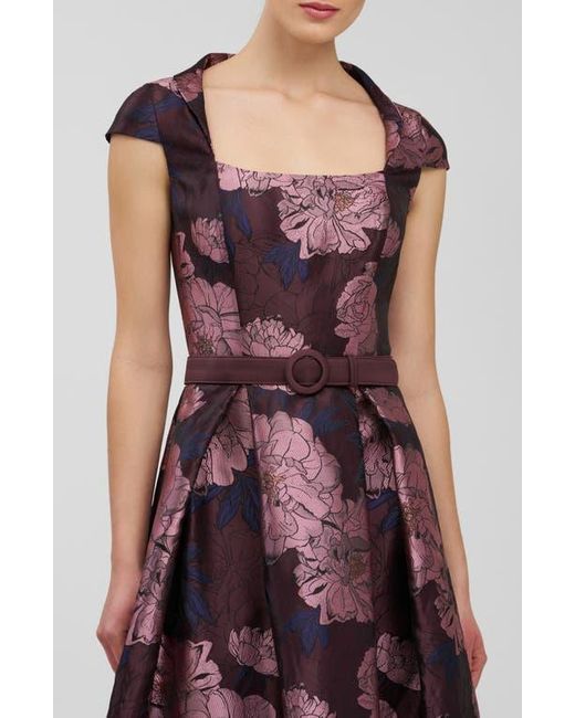 Kay Unger Red Kinsley Metallic Floral Jacquard Cocktail Dress