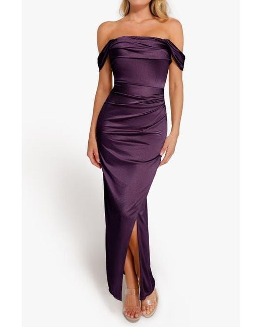shapewear off shoulder shine ruched sculpting maxi dress Shapewear Off-Shoulder Ruched Maxi | Sculpting Shine