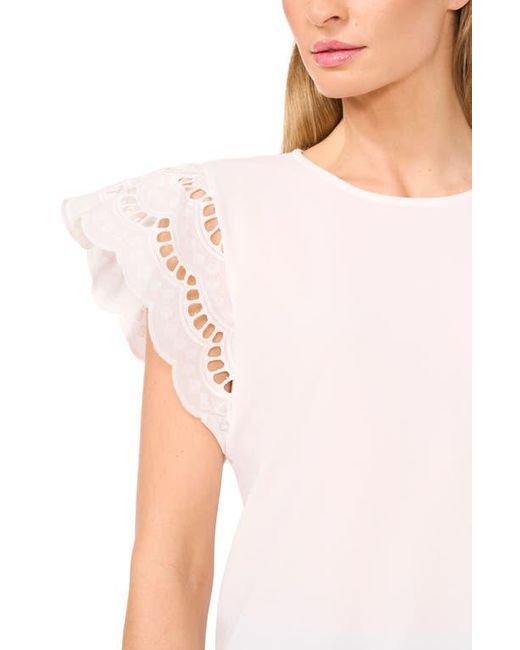 Cece Blue Embroidered Flutter Sleeve Mixed Media Top