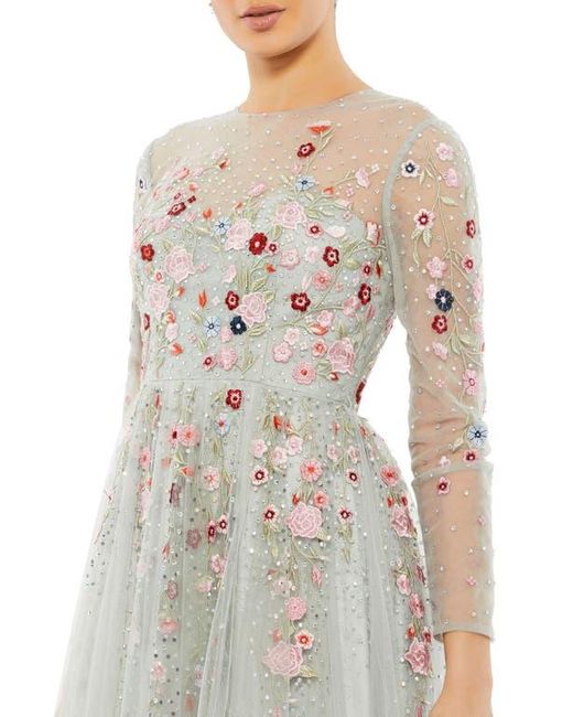Mac Duggal White Embroidered Illusion High Neck Long Sleeve A Line Gown