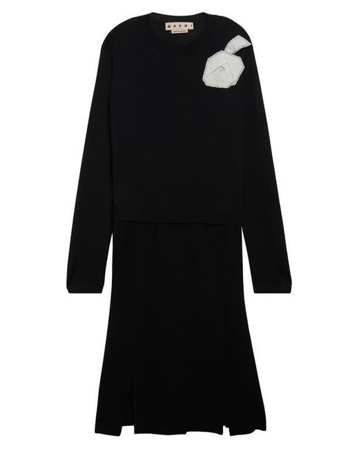Marni Black Rose Appliqué Long Sleeve Virgin Wool & Silk Sweater Dress