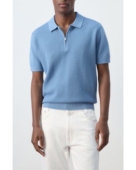 Mango Blue Solid Cotton Waffle Zip Polo Sweater for men