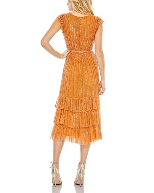 Mac Duggal Orange Sequined Wrap Over Cap Sleeve Ruffle Hem Dress