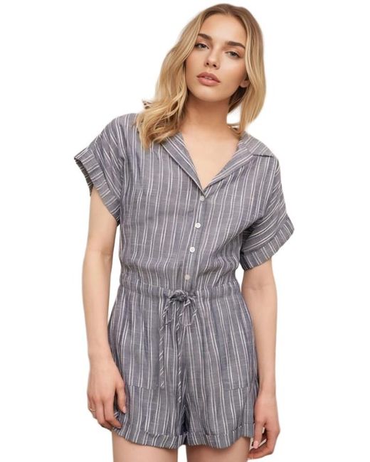 Knit & Lounge Gray Striped Button Front Drawstring Waist Short Sleeve Cuffed Hem Romper