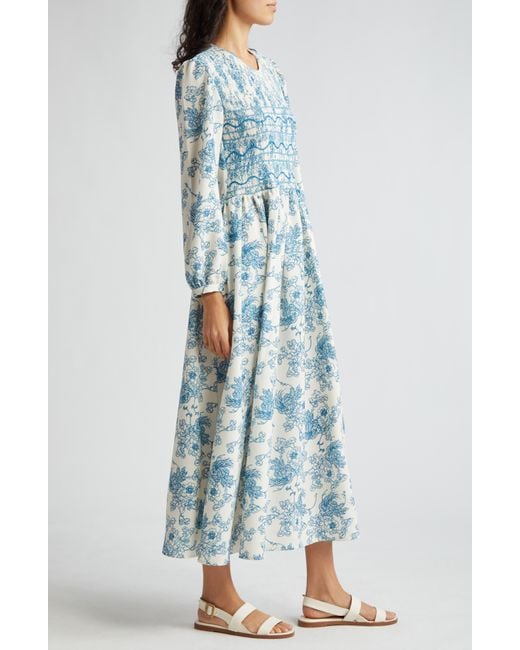 Loretta Caponi Blue Lea Floral Print Long Sleeve Smocked Maxi Dress