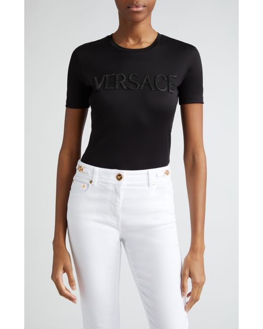 Versace Black Slim Fit Crystal Embellished Logo T-shirt