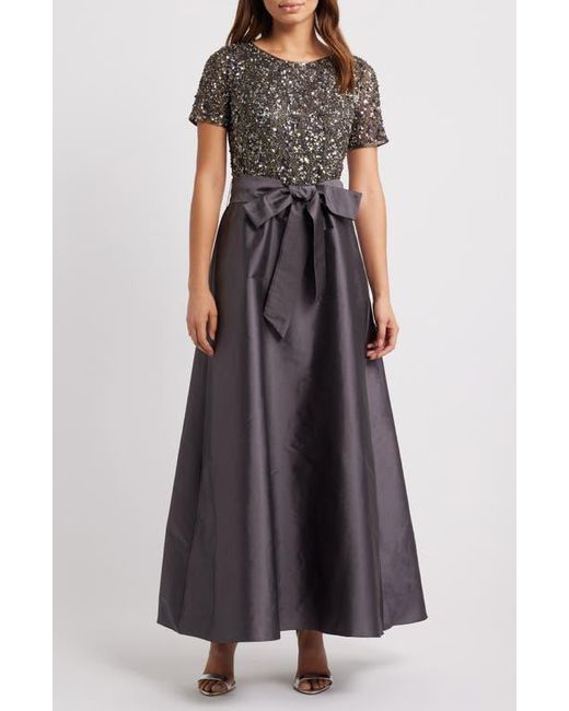 Pisarro Nights Gray Beaded Bodice Mixed Media Gown