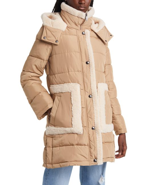 Sam Edelman Natural Hooded Puffer Coat With Faux Shearling Trim