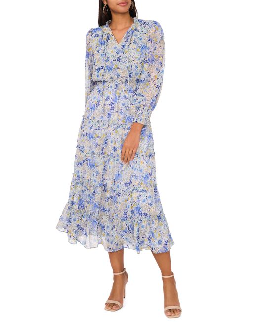Chaus Blue Floral Print Metallic Smocked Long Sleeve Maxi Dress