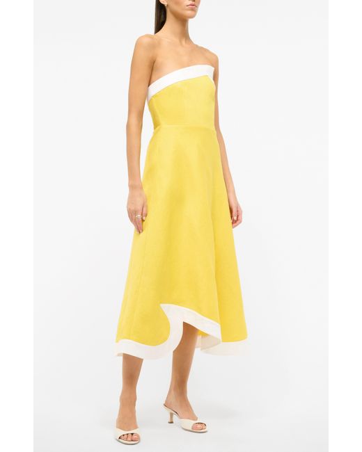 Staud Yellow Contrast Detail Strapless Linen Dress