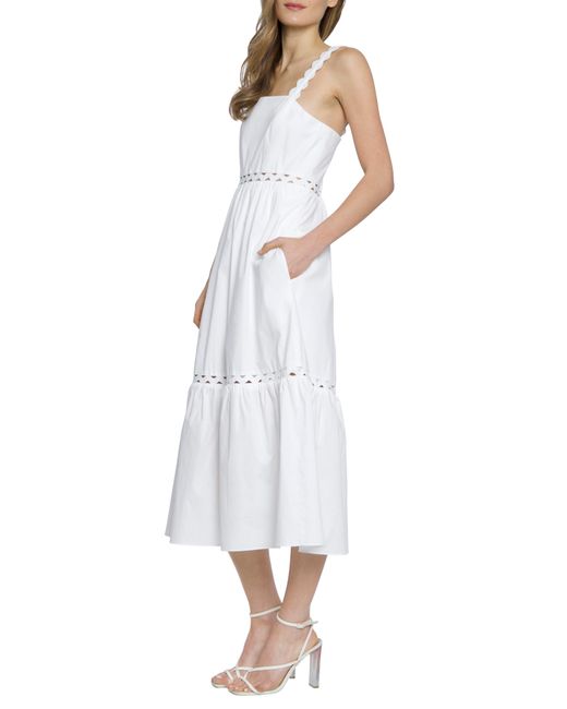 DONNA MORGAN FOR MAGGY White Sleeveless Tiered Stretch Poplin Midi Dress