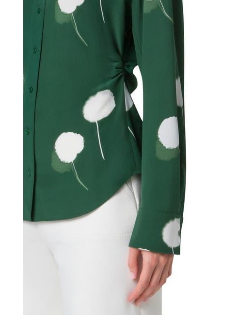 Akris Green Dandelion Print Silk Crepe Button-Up Shirt