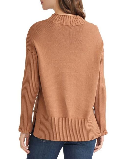 Jones New York Blue Button Detail Rib Funnel Neck Sweater