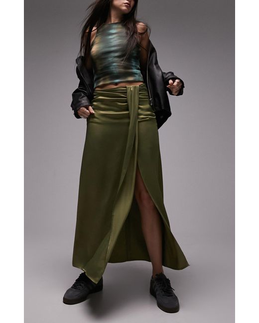 TOPSHOP Green Ruched Front Vent Satin Maxi Skirt
