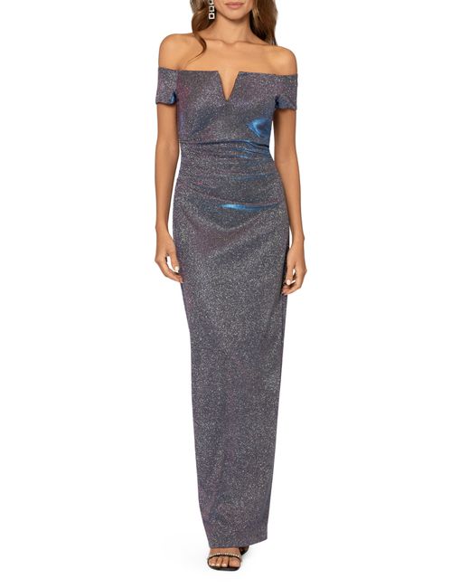 Xscape Glitter Off The Shoulder Ruched Gown in Blue Lyst