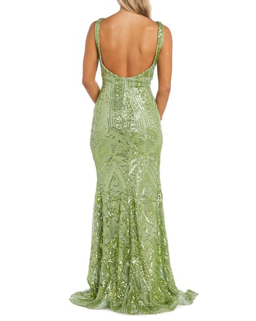 Morgan & Co. Green Sequin Embellished Column Gown