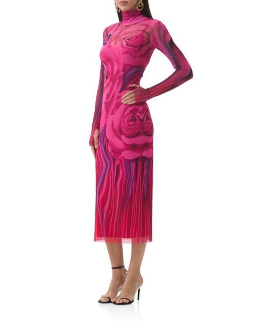 AFRM Red Shailene Print Long Sleeve Powermesh Body-Con Midi Dress