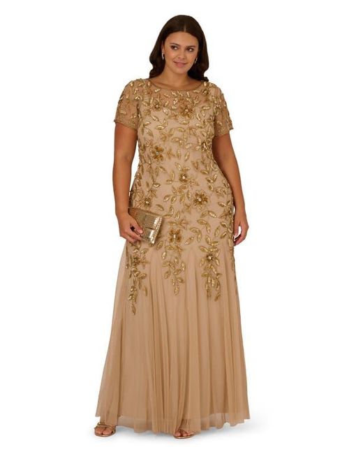 Adrianna Papell Brown Beaded Floral Godet Gown
