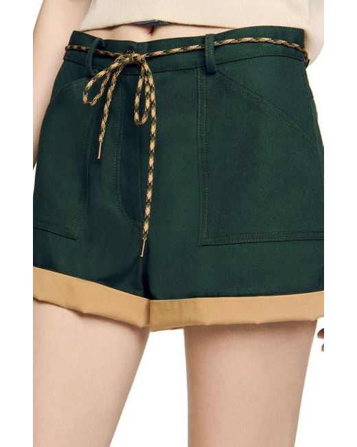 Sandro Green Two-Tone Drawstring Waist Shorts