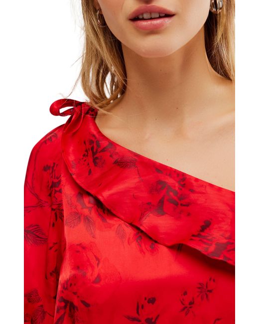 Free People Red These Nights Floral One-shoulder Satin Top