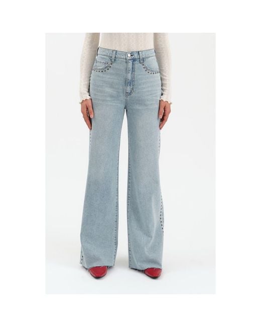 DAZE Women's Blue Daisy Embroidery Wide Leg Jeans