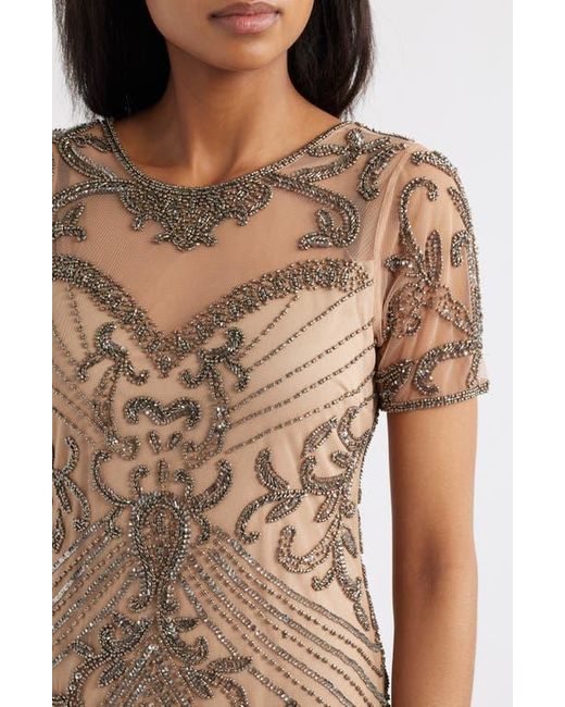 Pisarro Nights Brown Illusion Beaded Mesh Column Gown