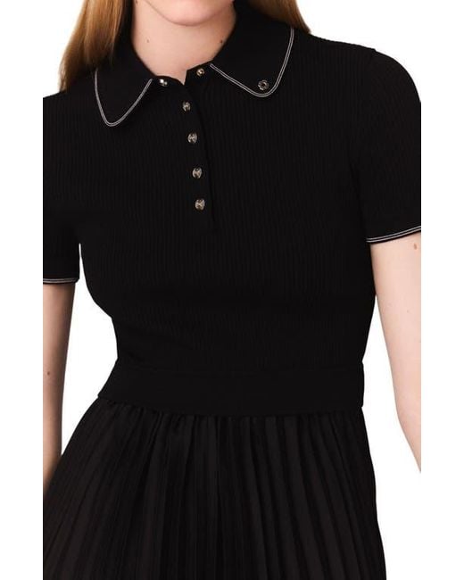 Maje Black Pleated Maxi Dress With Polo Collar