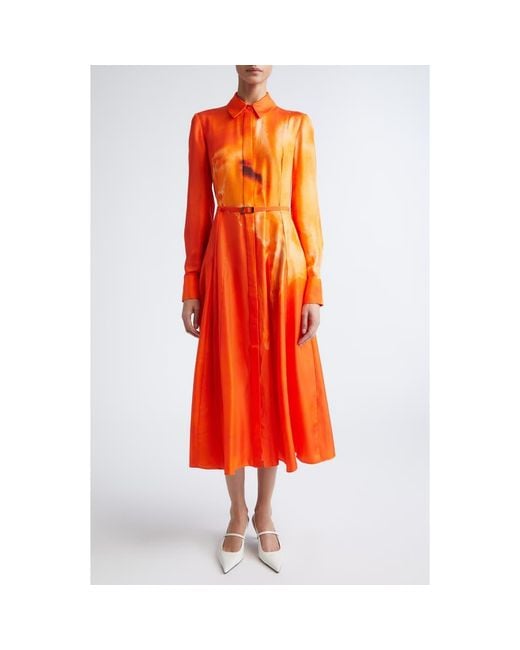 Jason Wu Red Watercolor Floral Print Pleated Long Sleeve Silk Twill Shirtdress