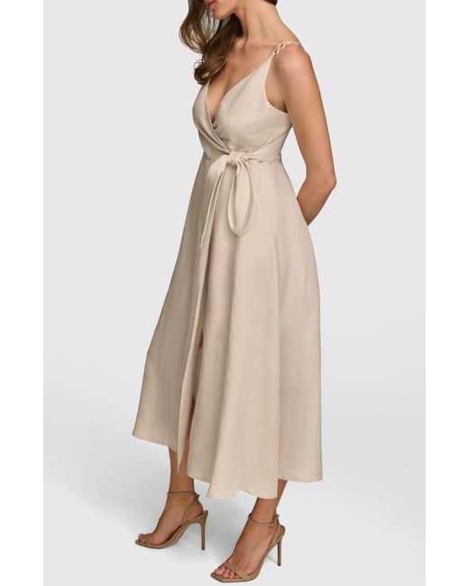 Donna Karan Natural Faux Wrap Linen Blend Midi Dress