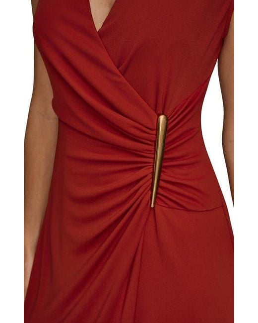 Donna Karan Red Faux Wrap Jersey Midi Dress