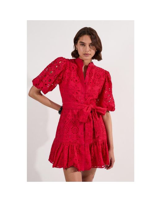 karen millen red lace dress Karen Millen Red Lace Pleated Midi Dress Women's Size 4 Silk Polyester Belted