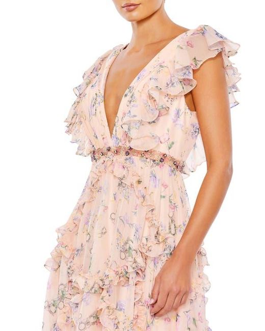 Mac Duggal Pink Floral Print Cap Sleeve Ruffle Gown