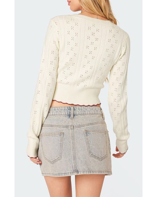 Edikted White Nelly Pointelle Stitch Crop Sweater