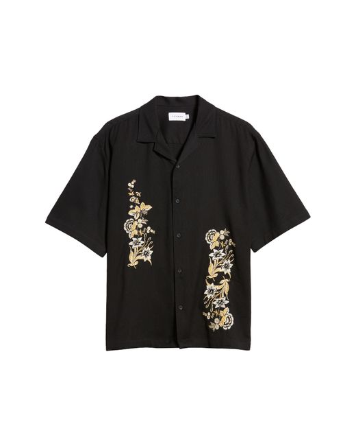 Topman Black Floral Embroidered Short Sleeve Cotton Button-up Camp Shirt for men