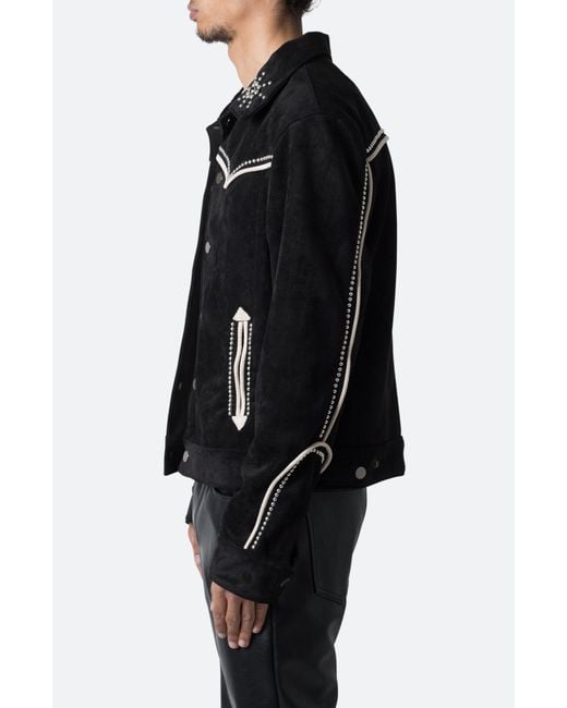 MNML Black Embellished Western Faux Suede Jacket for men