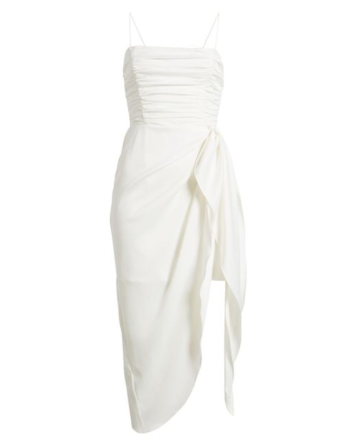 Wayf White Ruched Bodice Satin Midi Dress