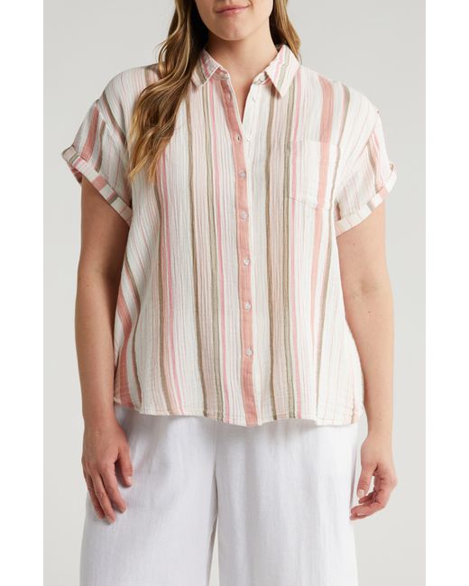 Caslon White Caslon(r) Stripe Short Sleeve Cotton Gauze Button-up Shirt