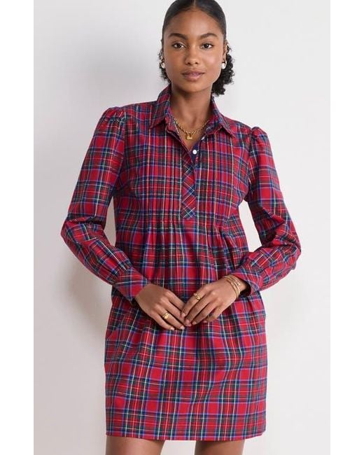 Vineyard Vines Women's Purple Plaid Long Sleeve Stretch Cotton Popover Dress
