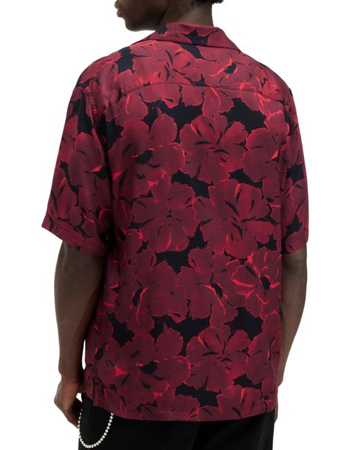 AllSaints Red Kaza Relaxed Fit Floral Camp Shirt for men